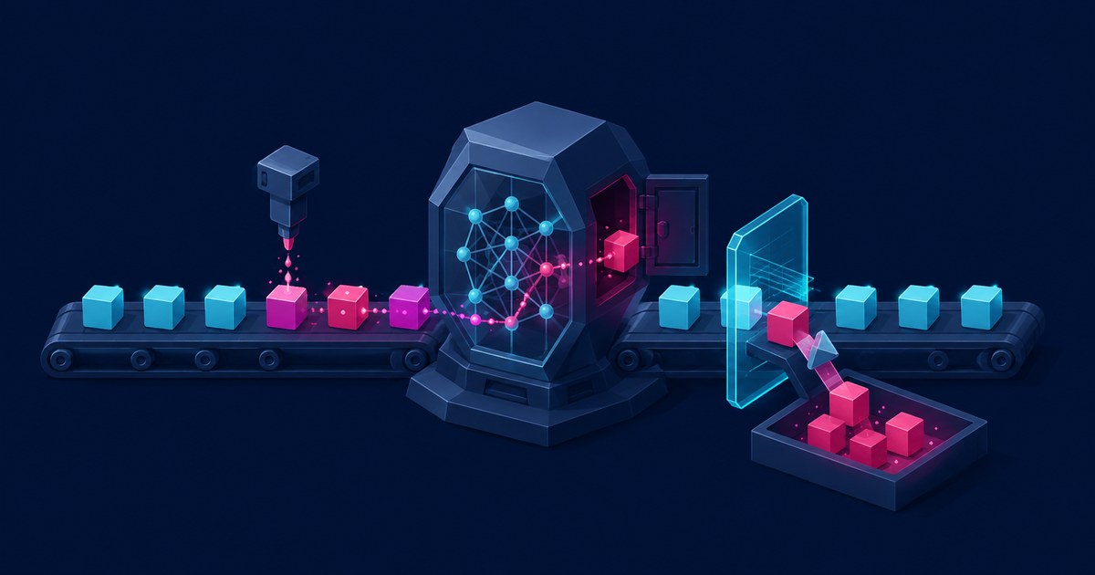Blue cubes ride a conveyor belt through a neural-network scanner while a nozzle drips magenta onto some and a glass gate diverts red cubes into a tray.