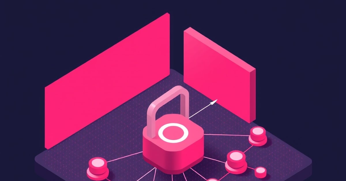 Flat isometric illustration of a pink padlock standing between two walls on a dark board of linked nodes, one thread slipping past the barrier.