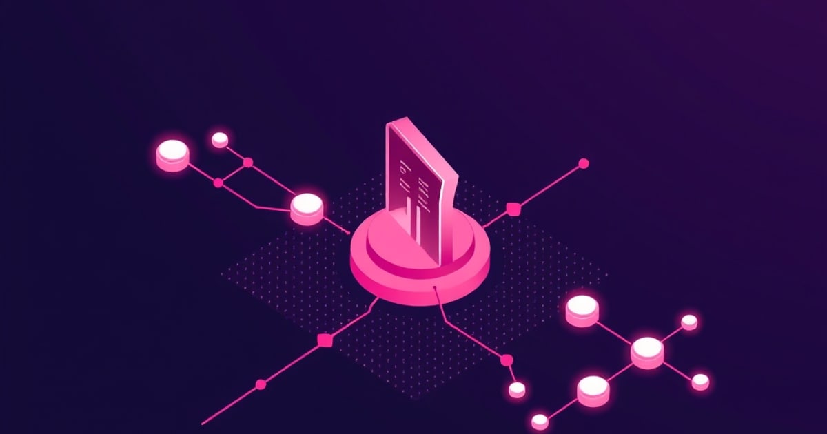 Flat isometric illustration of a pink document card standing upright on a round platform, linked by thin lines to glowing node discs scattered across a dark violet field.