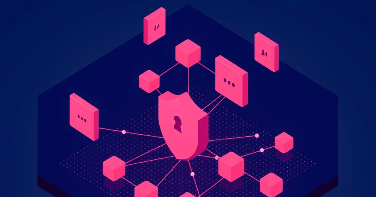 Isometric scene of adversarial image perturbations tricking a vision-language model.