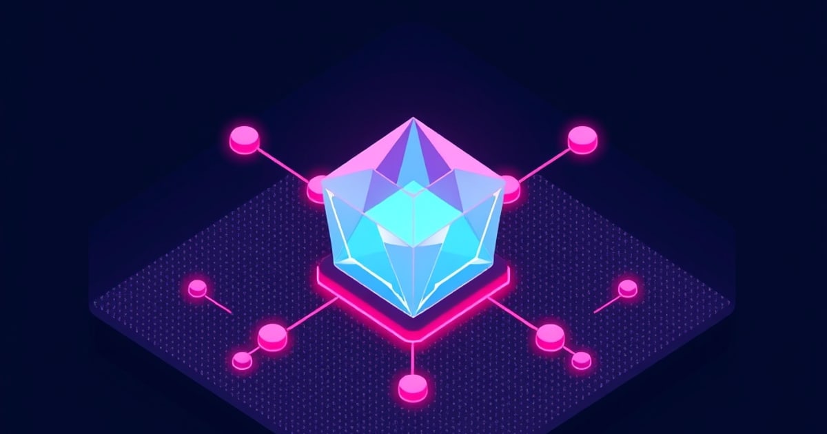 Flat isometric illustration of a faceted blue and violet crystal glowing on a dark diamond platform ringed by pink node dots and thin links.
