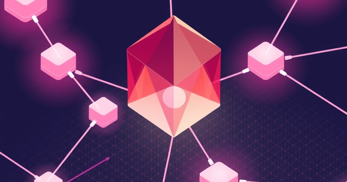 Flat isometric illustration of a large red faceted gem at the center of a pale pink cube network joined by white lines on a magenta haze.