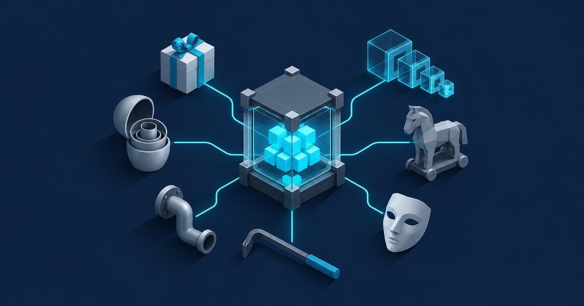 Glowing glass cube of blue blocks linked to seven jailbreak symbols: gift box, nested shells, pipe, crowbar, mask, Trojan horse and nested cubes, on navy